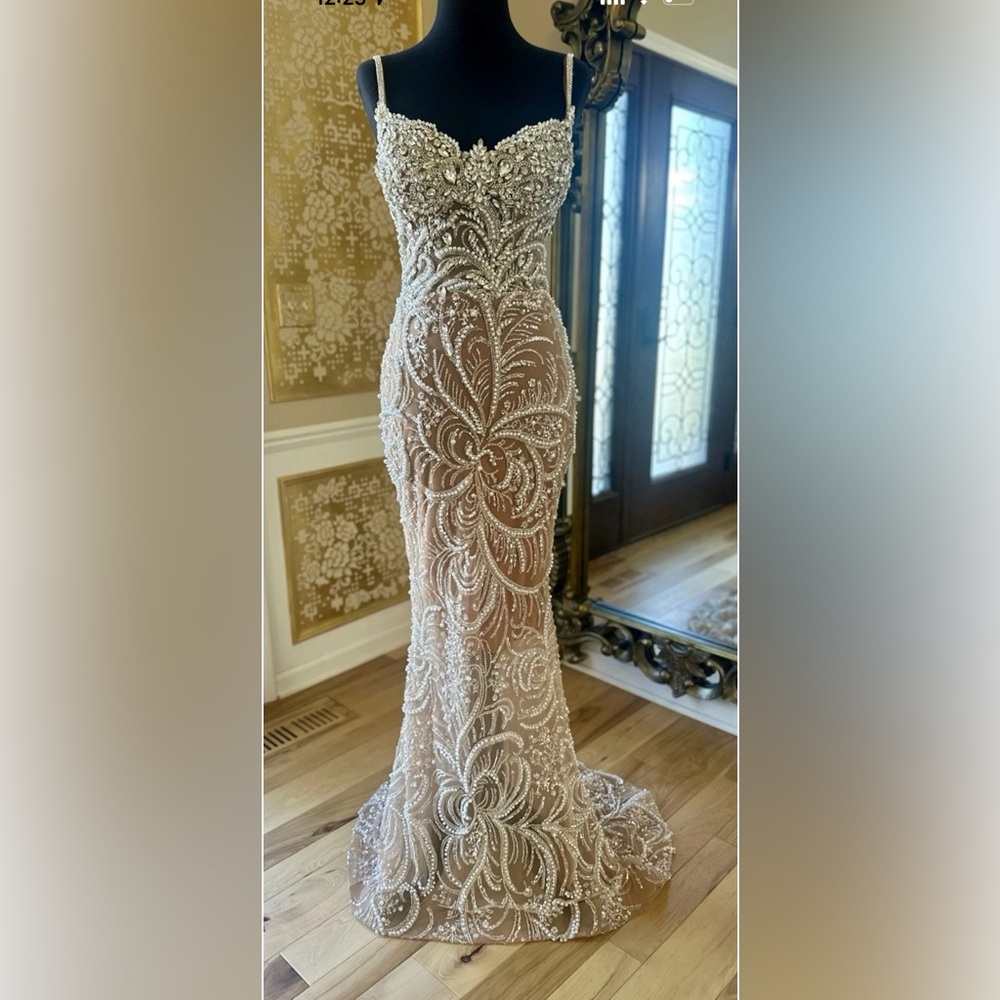 Crystal Beaded Engagement Bridal Sweetheart Neckline Custom Gown Beige Size 4 - Picture 13 of 16